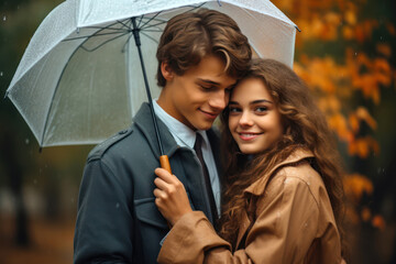 17-year-old Caucasian teenagers, a boy and a girl, sweetly sharing an umbrella during a gentle autumn rain first teenage crush