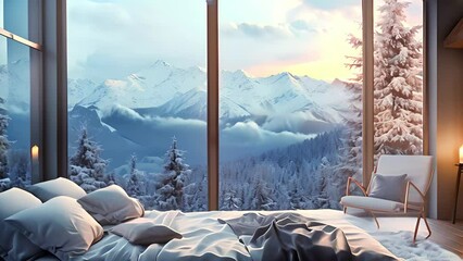 Panoramic view from stylish modern bedroom to winter snowy mountains at sunrise