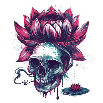 Digital illustration of a skull and a lotus flower