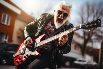 
Photo of a cool grandpa wearing a leather jacket and ripped jeans, casually playing an electric...