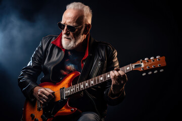 Cool grandpa wearing a leather jacket and ripped jeans, casually playing an electric guitar