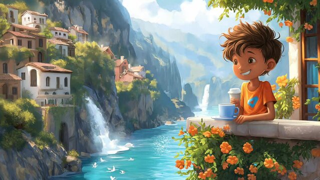 cartoon of a smiling man enjoying a cup of coffee with a view of a waterfall. Seamless looping 4k time-lapse virtual video animation background 