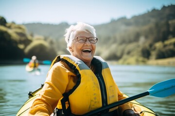 Happy senior woman kayaking on the lake on a sunny day. - obrazy, fototapety, plakaty