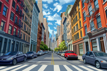 Anime Background: City Street with Tall Multi colored Buildings, Cars Parked Along the Sidewalks, Creating a Vibrant Urban Scene 