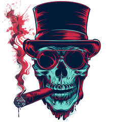 Digital illustration of a skull wearing a black hat and monocle smoke