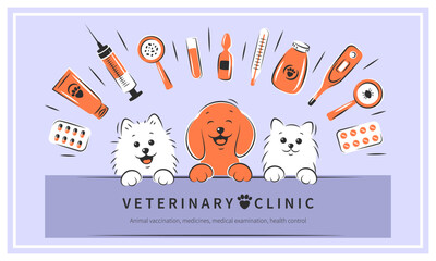 Veterinarian clinic or hospital for animals. Animal vaccination, medicines, medical examination, health control. Treatment of cats and dogs. Vector illustration