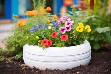 Fototapeta na wymiar colorful flower bed in white painted tire rims
