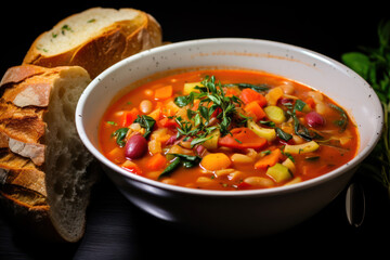 A vegan minestrone soup, loaded with vegetables and pasta, in a large soup bowl, with a side of Italian bread