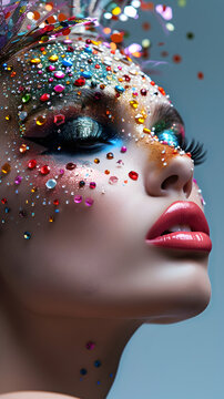 close-up of a woman with brightly colored make-up and precious stones scattered around her face
