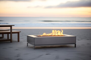 rectangular stainless steel fire pit on a beach at dusk