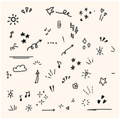 Doodle cute glitter pen line elements. Doodle heart, arrow, star, sparkle decoration symbol set icon. Illustration doodle and line art