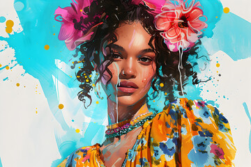 painting of a self-confident African-American woman in hippie-style clothing - obrazy, fototapety, plakaty