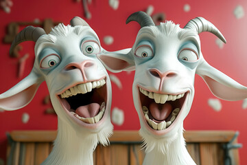 3d cartoon close view of laughing funny happy goats