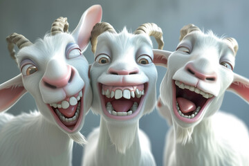 3d cartoon close view of laughing funny happy goats - obrazy, fototapety, plakaty