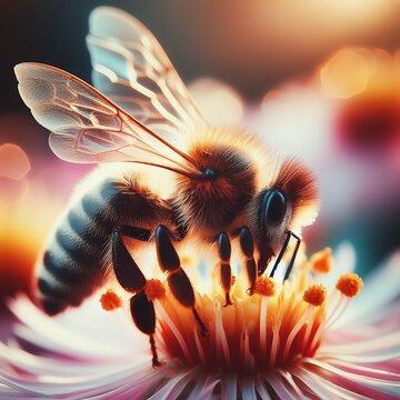 a macro photography of a bee feeding on a flower