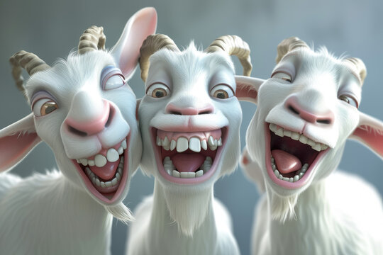 3d cartoon close view of laughing funny happy goats