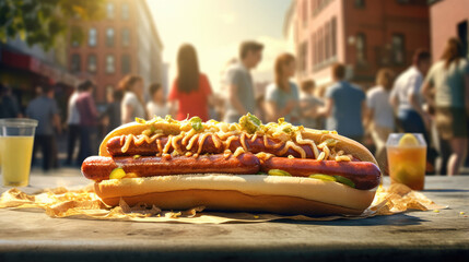 New York City,  USA: Friends gathering for hot dogs with sauerkraut and mustard