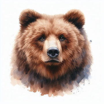 a close-up of a brown bear. The bear’s head fills most of the frame, with its thick fur rendered in soft, textured brushstrokes of brown and umber. a white background.