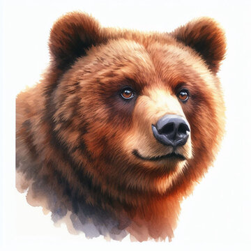 a close-up of a brown bear. The bear’s head fills most of the frame, with its thick fur rendered in soft, textured brushstrokes of brown and umber. a white background.