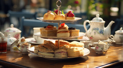 London,  UK: A group indulging in traditional afternoon tea with scones and sandwiches