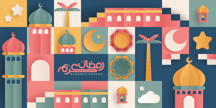 Islamic Ramadan Kareem banner paper cut design and colorful style. Features images of mosques, moons, domes and lanterns. Minimalist illustration.