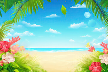 Fototapeta na wymiar Beach View with Palm Trees and Ocean Landscape