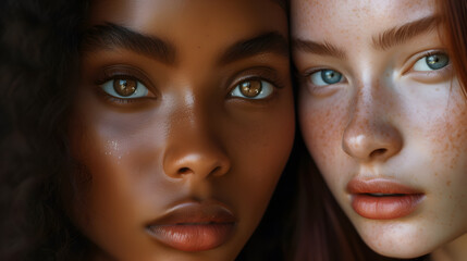 Close-up of two girls from different races, with beautiful faces and eyes, looking seductively at the camera.

