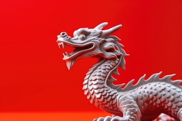 Dragon statue on a red Chinese New Year background.