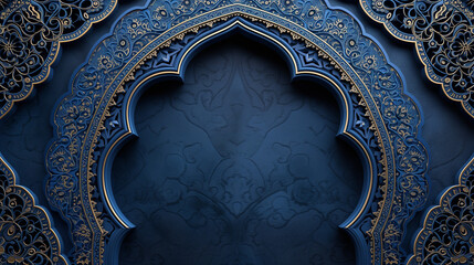 Beautiful Islamic wallpaper background, arabic arch frame in blue & emerald scheme, for ramadan, eid greetings - obrazy, fototapety, plakaty