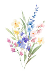 Beautiful floral bouquet illustration with watercolor hand drawn spring flowers. Stock clip art. - 726260164