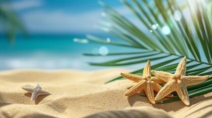 Fototapeta na wymiar Summer beach vibe with starfish on tropical sands