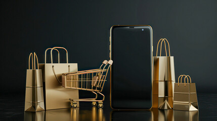 Online Shopping Concept with Smartphone and Bags.A conceptual image of online shopping with a large smartphone, miniature shopping cart, and paper bags on a dark background.