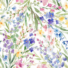 Beautiful floral seamless pattern with watercolor hand drawn flowers. Stock background design print.