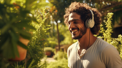 A young Arab man enjoying music in her cozy living room, wearing headphones and dancing with a carefree and joyful expression, capturing the essence of a relaxed and stylish lifestyle