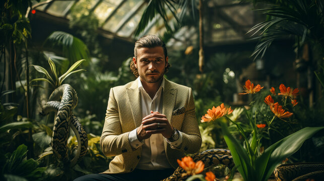 suave snake in a tailored blazer, accessorized with a silk tie and cufflinks. Against a backdrop of lush jungle foliage, it exudes exotic charm and reptilian elegance. The vibe: sleek and mysterious