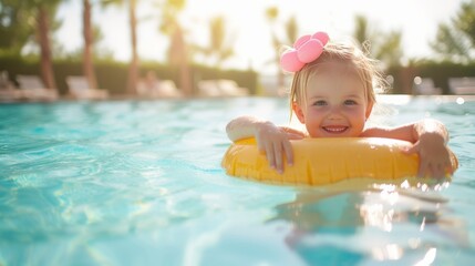 Sunny resort pool day, toddler girl with inflatable float, summer enjoyment