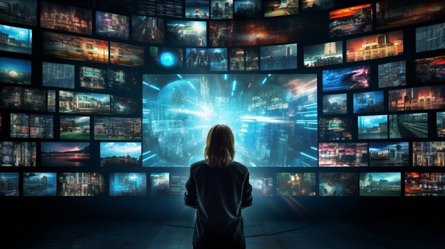 vibrant multimedia video and image wall display on tv screens - digital media entertainment concept