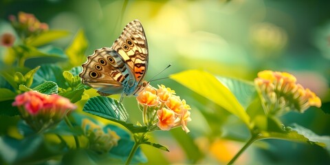 Tranquil butterfly on lantana flowers in vibrant garden macro shot, nature's beauty in detail. serenity in wildlife photography. AI