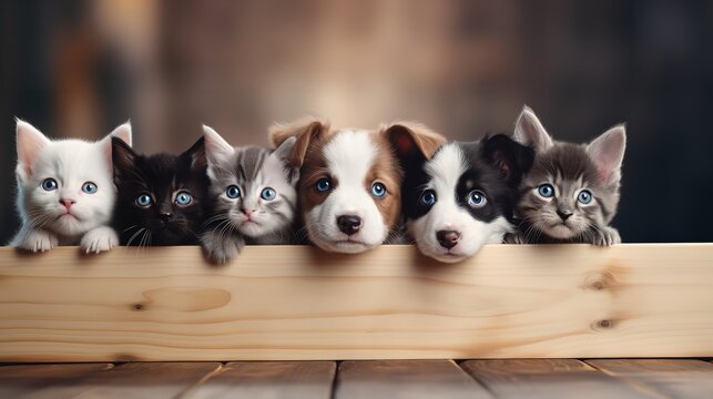 Cute Puppies and Kittens Peek Behind a Wooden Fence

