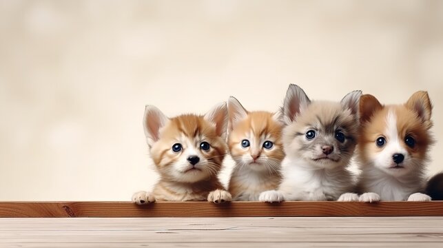 Cute Puppies and Kittens Peek Behind a Wooden Fence

