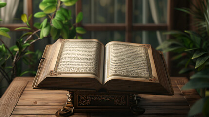 Open holy book of Muslims on stand