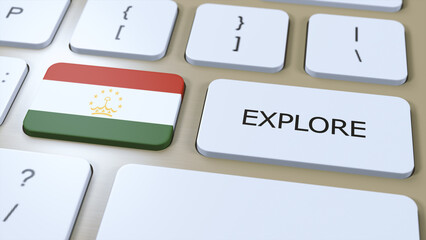 Tajikistan Country National Flag and Button with Text Explore. 3D Illustration