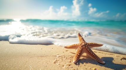 Fototapeta na wymiar Starfish on a sun-kissed tropical beach, serene vacation setting
