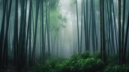 Bamboo Palm grove enveloped in a misty atmosphere