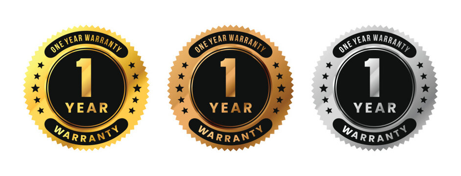 Label 1 year warranty in gold, silver, bronze premium luxury design. One years warranty. Vector Illustration