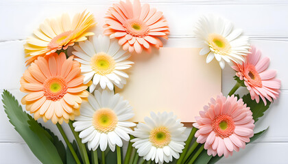 Fototapeta premium A bouquet of gerbera flowers in pale pastel colors. Spring image. Design for message cards with blank spaces for Easter, birthdays, anniversaries, Mother's Day, birthdays, celebrations, etc.