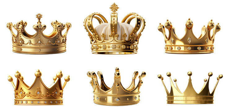 collection of 3D king crown illustrations, on transparency background PNG