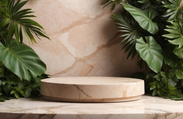 dais podium pedestal display in marble texture with green tropical leaves and beige background for make-up and beauty product marketing for female woman audience.	