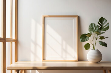 wooden portrait frame mock up and sunlit through the window	