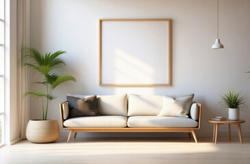 Wooden sofa with beige pillow, in white clean wall with big poster wood frame with copy space mock up